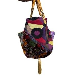 Silver Plum Drop Shaped Bag With Bamboo Handles Tassel Bottom